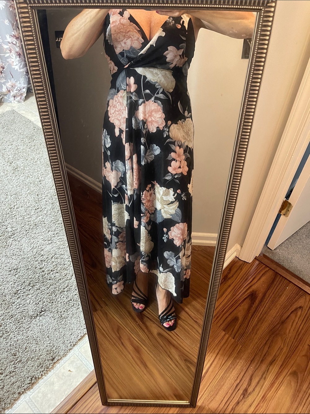 Fashion Nova Black Floral Wrap Midi Dress with Blush Accents